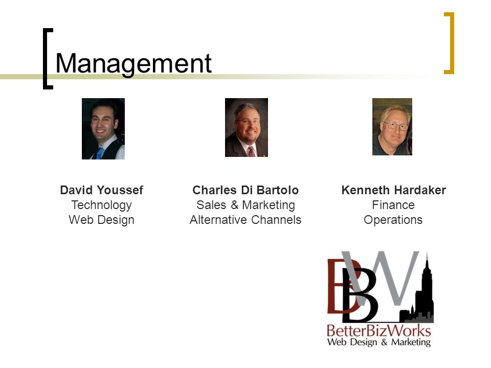 Management David Youssef Technology Web Design Charles Di Bartolo Sales & Marketing Alternative Channels Kenneth Hardaker Finance Operations