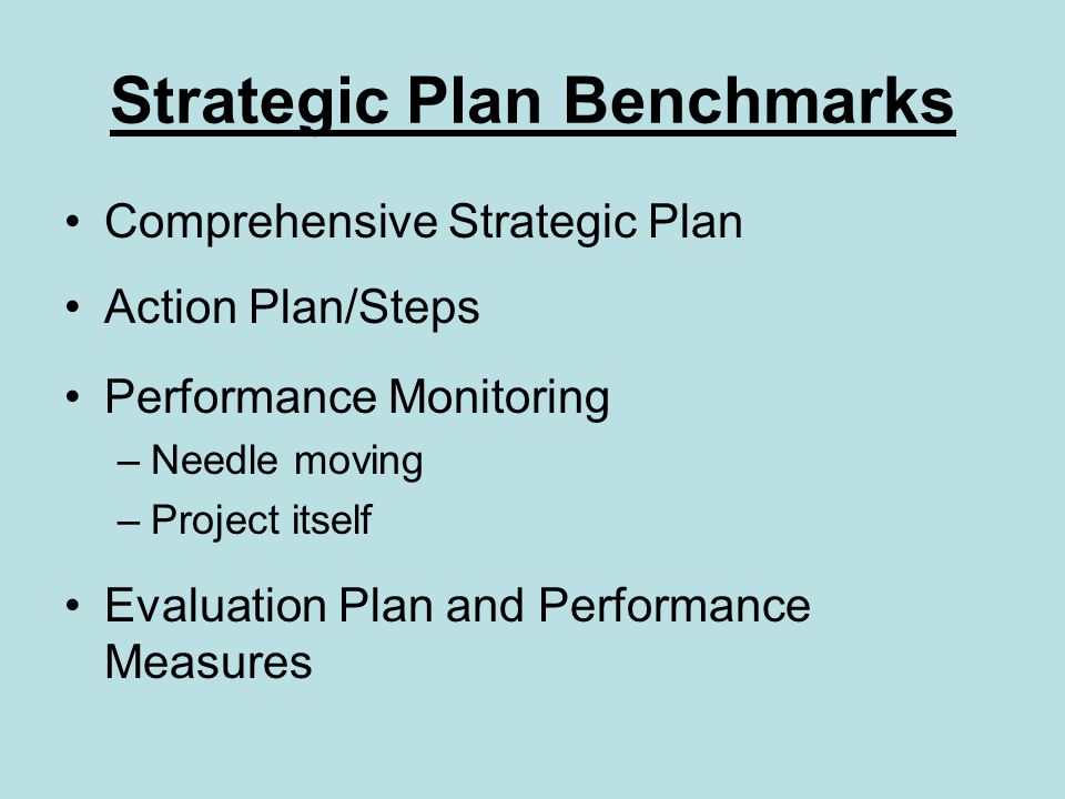 Strategic Plan Benchmarks Comprehensive Strategic Plan Action Plan/Steps Performance Monitoring –Needle moving –Project itself Evaluation Plan and Performance Measures