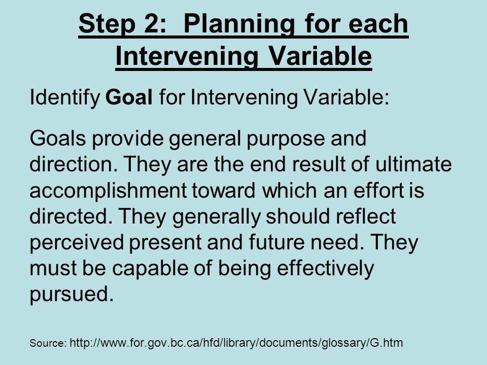 Step 2: Planning for each Intervening Variable Identify Goal for Intervening Variable: Goals provide general purpose and direction.
