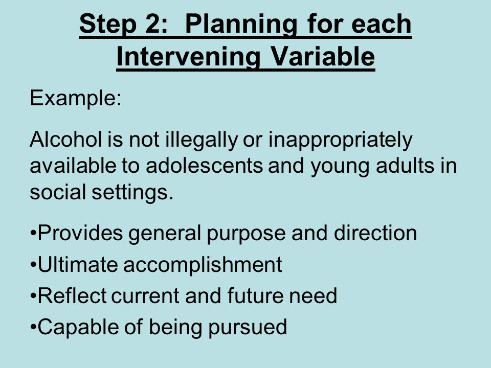 Step 2: Planning for each Intervening Variable Example: Alcohol is not illegally or inappropriately available to adolescents and young adults in social settings.