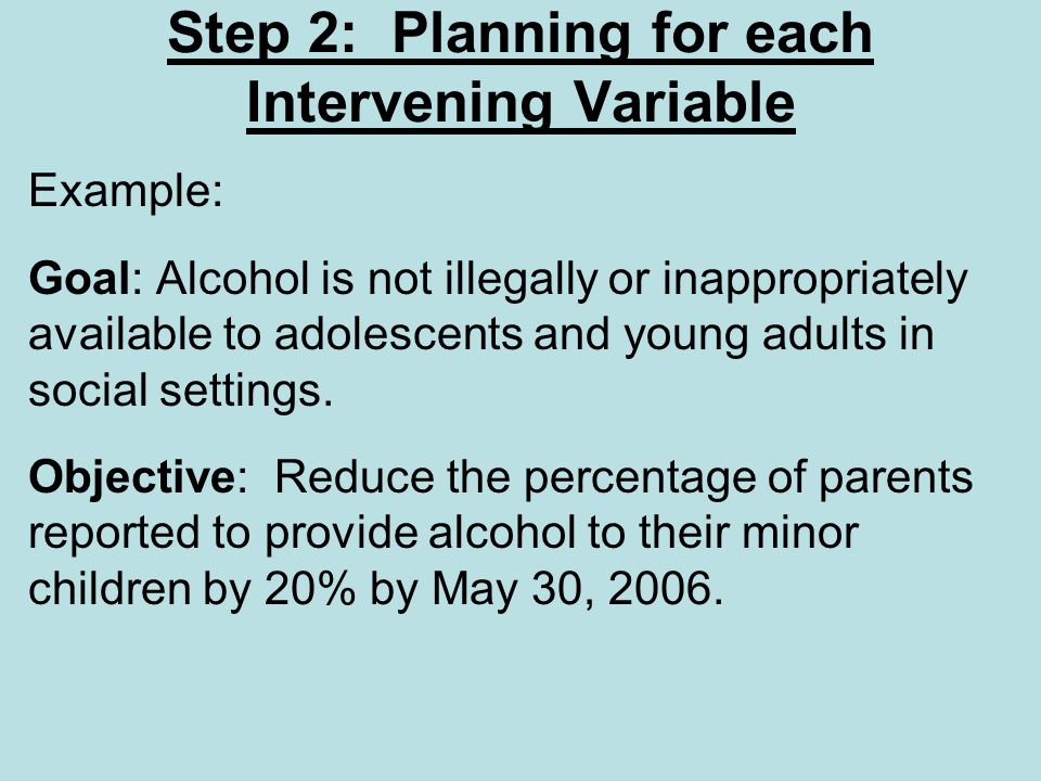 Step 2: Planning for each Intervening Variable Example: Goal: Alcohol is not illegally or inappropriately available to adolescents and young adults in social settings.