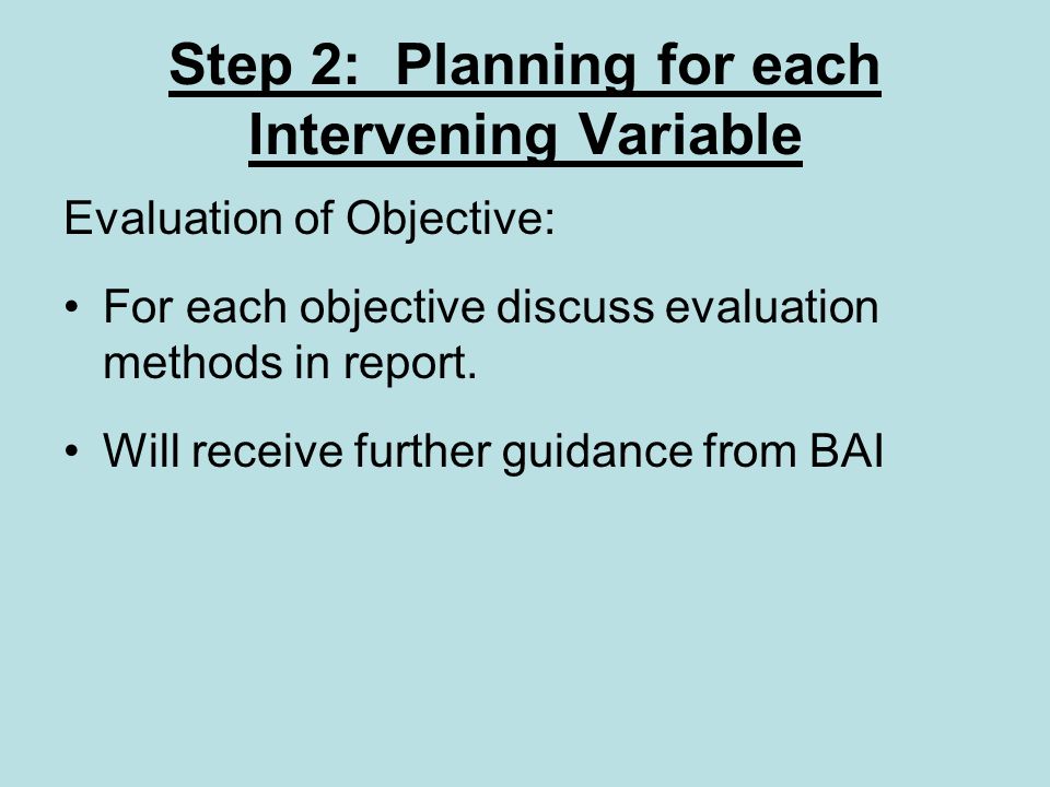 Step 2: Planning for each Intervening Variable Evaluation of Objective: For each objective discuss evaluation methods in report.