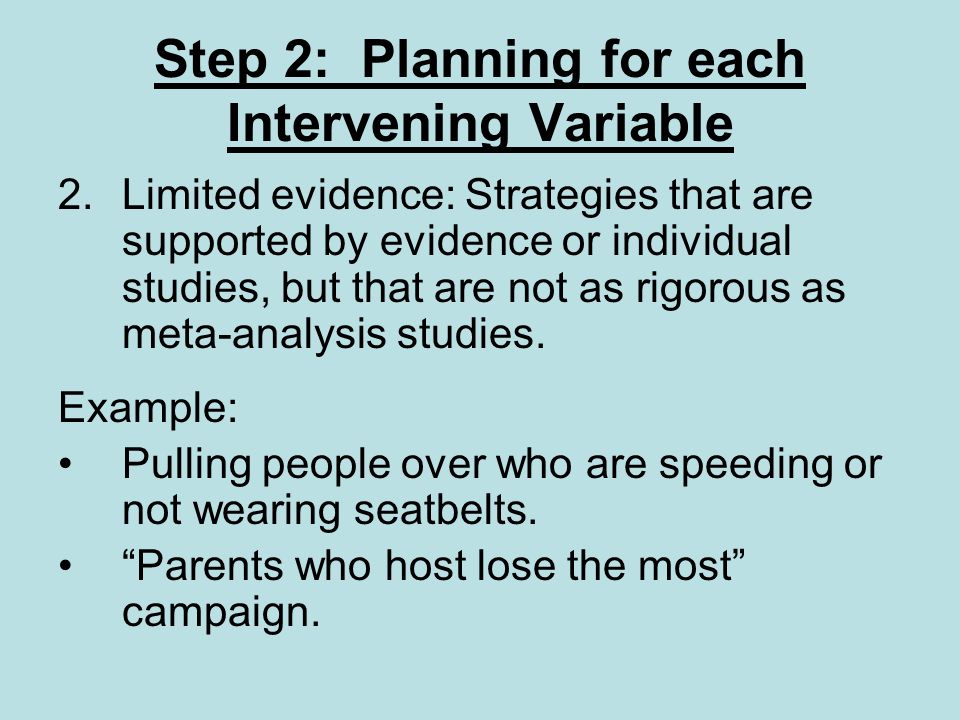 Step 2: Planning for each Intervening Variable 2.Limited evidence: Strategies that are supported by evidence or individual studies, but that are not as rigorous as meta-analysis studies.