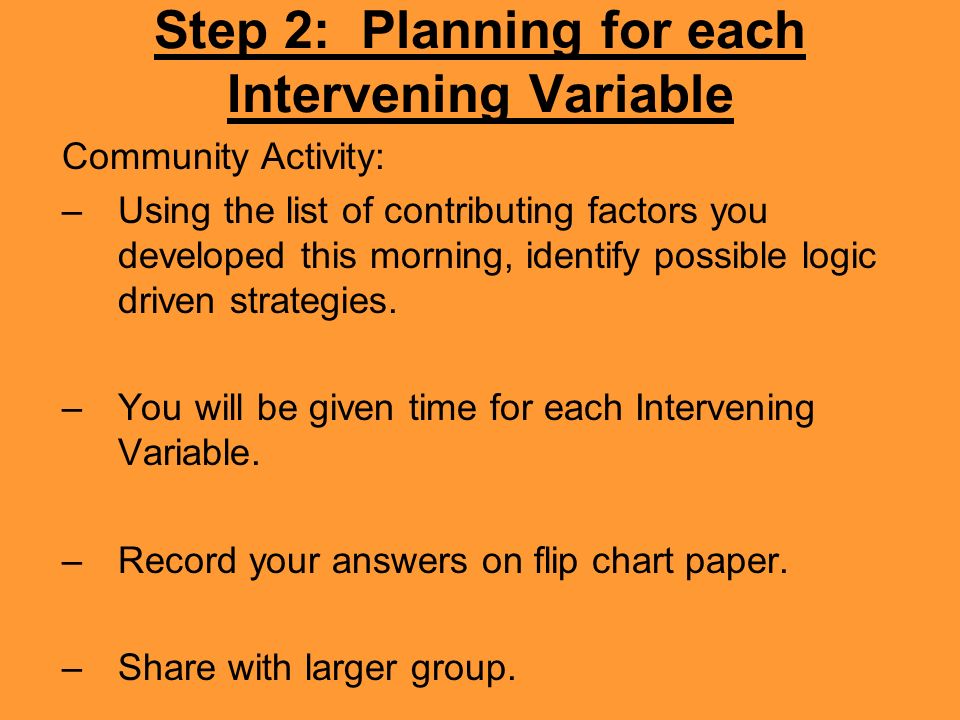 Step 2: Planning for each Intervening Variable Community Activity: –Using the list of contributing factors you developed this morning, identify possible logic driven strategies.