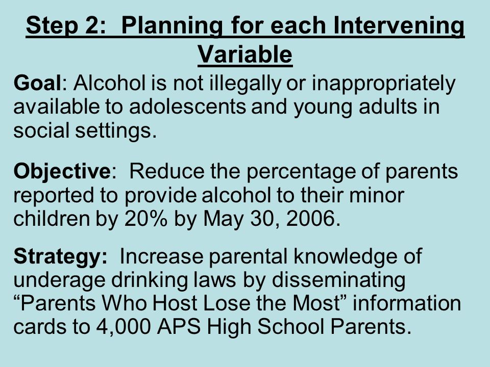 Step 2: Planning for each Intervening Variable Goal: Alcohol is not illegally or inappropriately available to adolescents and young adults in social settings.