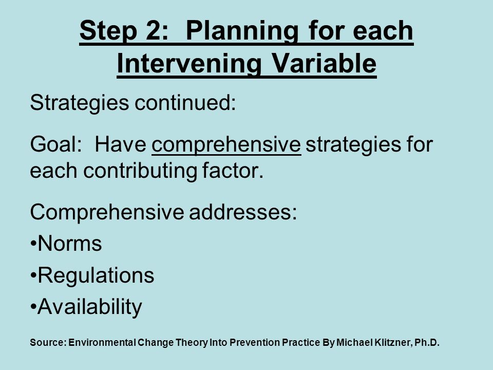 Step 2: Planning for each Intervening Variable Strategies continued: Goal: Have comprehensive strategies for each contributing factor.