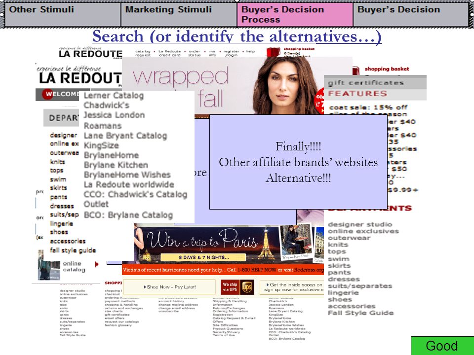 Search (or identify the alternatives…) Several Alternatives Quick Access to Products from different Categories (designer, Clearance, etc.) Order Alternatives...