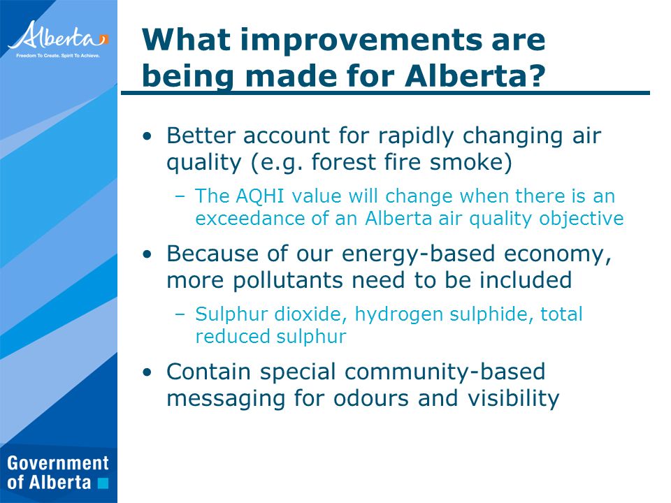 What improvements are being made for Alberta. Better account for rapidly changing air quality (e.g.
