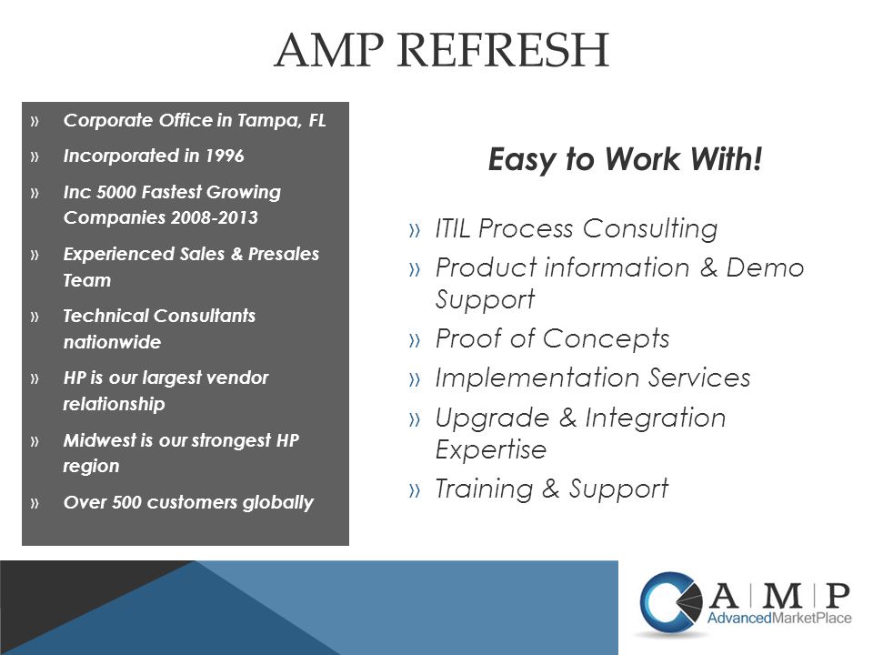 » Corporate Office in Tampa, FL » Incorporated in 1996 » Inc 5000 Fastest Growing Companies » Experienced Sales & Presales Team » Technical Consultants nationwide » HP is our largest vendor relationship » Midwest is our strongest HP region » Over 500 customers globally AMP REFRESH Easy to Work With.