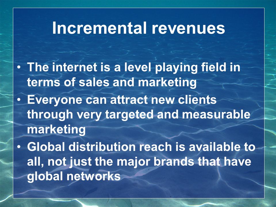 Incremental revenues The internet is a level playing field in terms of sales and marketing Everyone can attract new clients through very targeted and measurable marketing Global distribution reach is available to all, not just the major brands that have global networks
