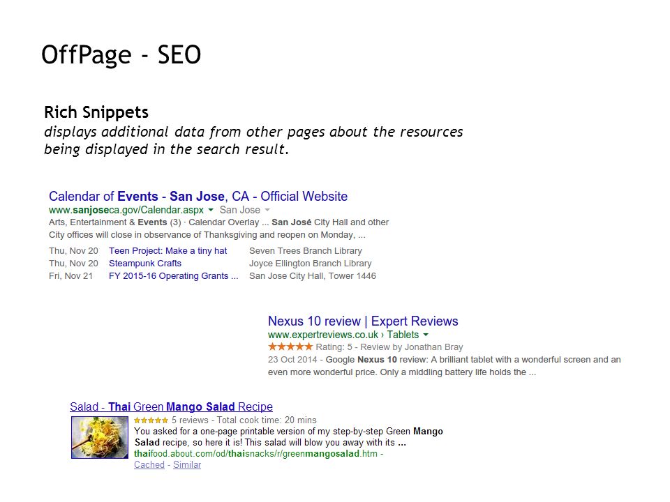 OffPage - SEO Rich Snippets displays additional data from other pages about the resources being displayed in the search result.