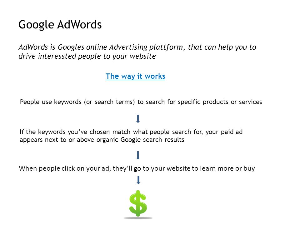 AdWords is Googles online Advertising plattform, that can help you to drive interessted people to your website The way it works People use keywords (or search terms) to search for specific products or services If the keywords you’ve chosen match what people search for, your paid ad appears next to or above organic Google search results When people click on your ad, they’ll go to your website to learn more or buy