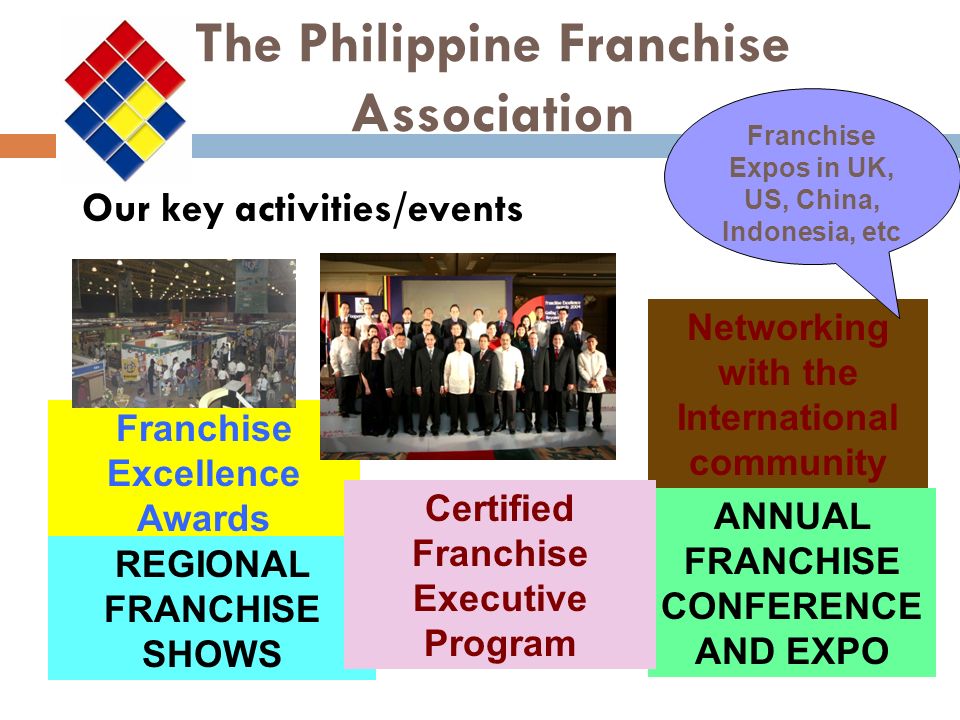 The Philippine Franchise Association Networking with the International community Franchise Excellence Awards REGIONAL FRANCHISE SHOWS ANNUAL FRANCHISE CONFERENCE AND EXPO Our key activities/events Certified Franchise Executive Program Franchise Expos in UK, US, China, Indonesia, etc