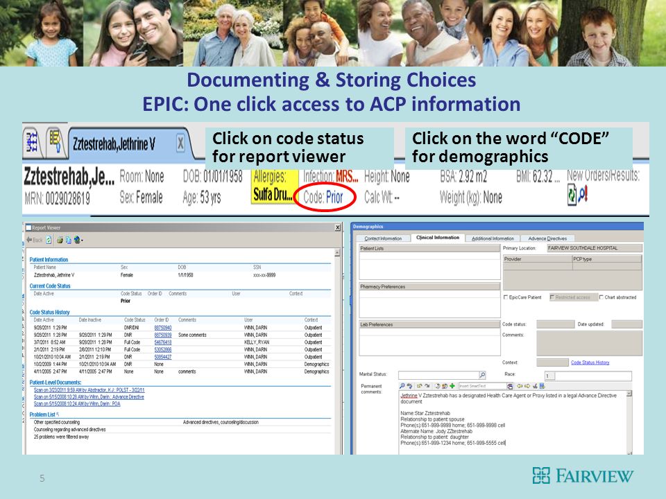 Documenting & Storing Choices EPIC: One click access to ACP information 5 Click on code status for report viewer Click on the word CODE for demographics
