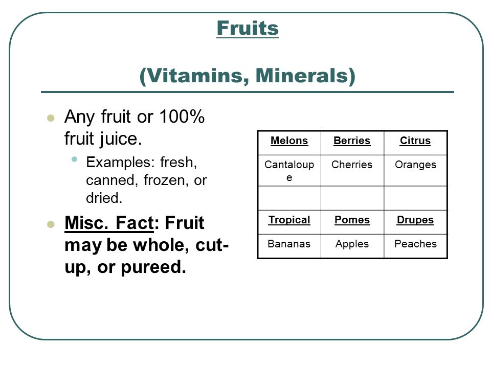 Fruits (Vitamins, Minerals) Any fruit or 100% fruit juice.