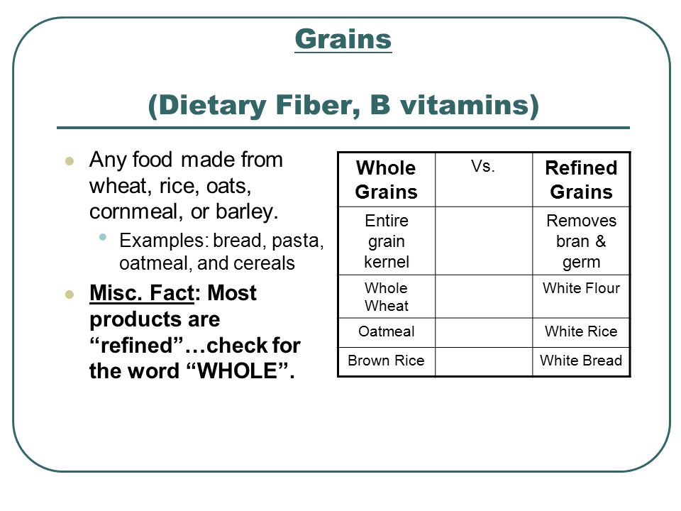 Grains (Dietary Fiber, B vitamins) Any food made from wheat, rice, oats, cornmeal, or barley.