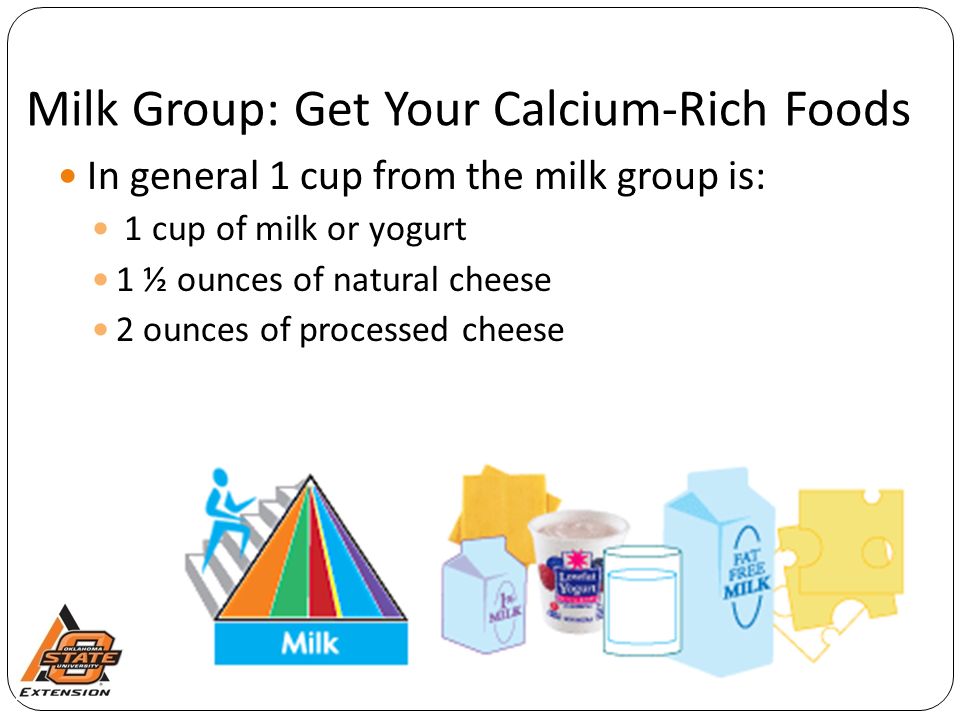 Milk Group: Get Your Calcium-Rich Foods In general 1 cup from the milk group is: 1 cup of milk or yogurt 1 ½ ounces of natural cheese 2 ounces of processed cheese