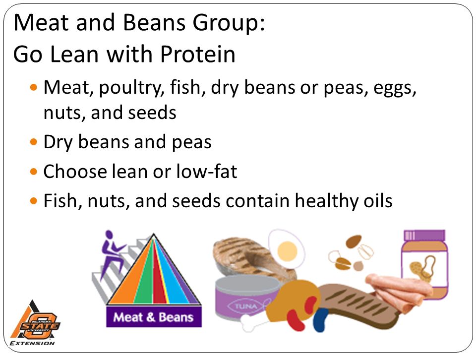 Meat and Beans Group: Go Lean with Protein Meat, poultry, fish, dry beans or peas, eggs, nuts, and seeds Dry beans and peas Choose lean or low-fat Fish, nuts, and seeds contain healthy oils
