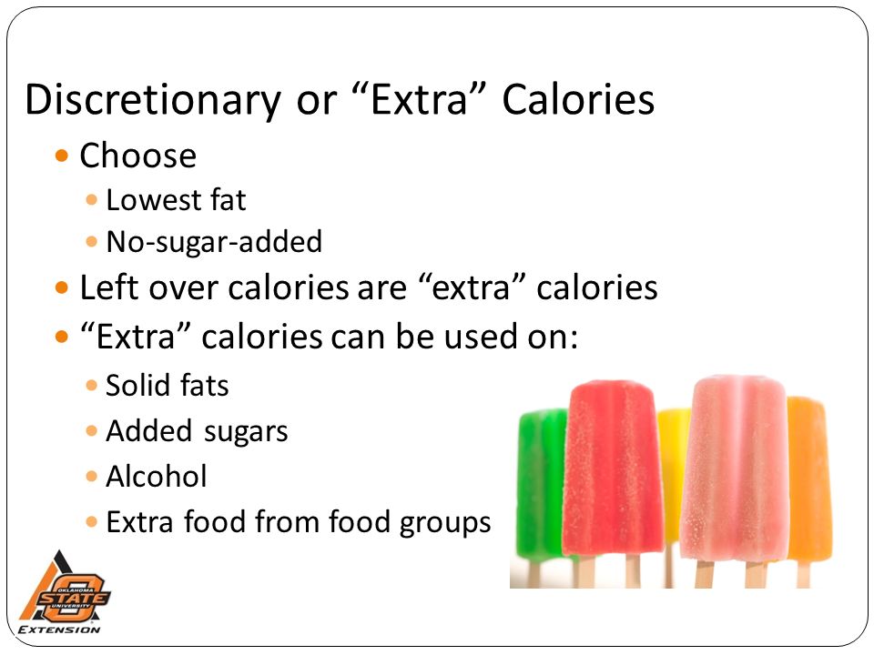 Discretionary or Extra Calories Choose Lowest fat No-sugar-added Left over calories are extra calories Extra calories can be used on: Solid fats Added sugars Alcohol Extra food from food groups