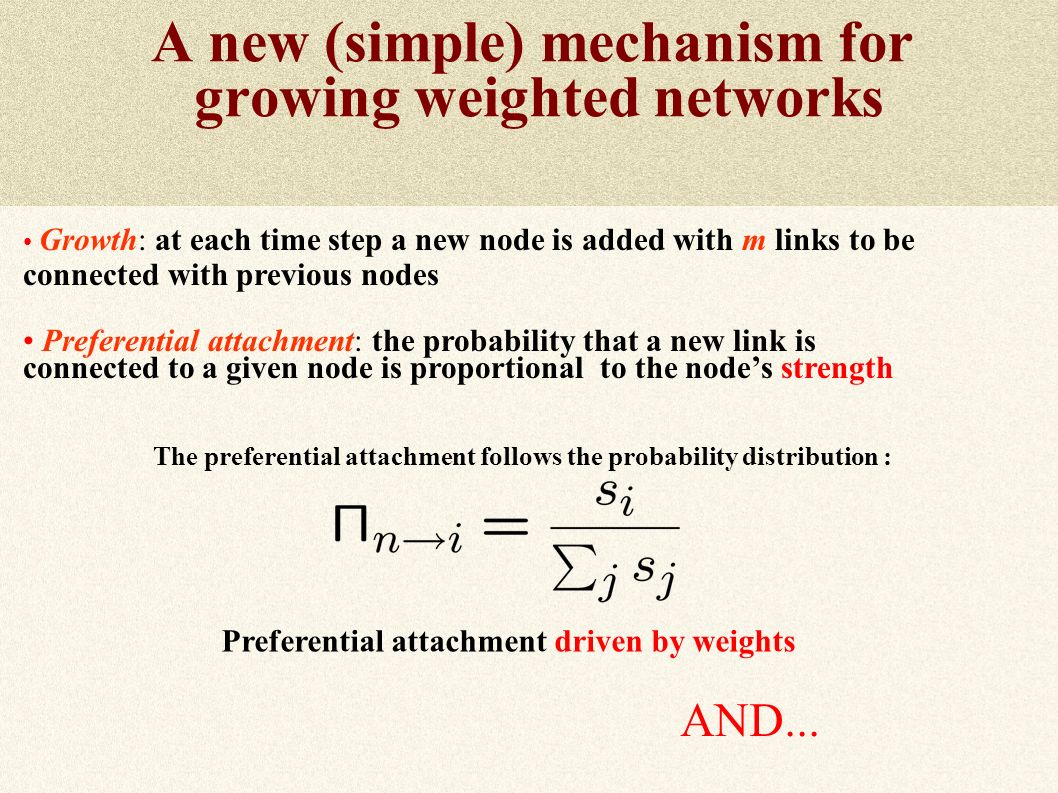 A new (simple) mechanism for growing weighted networks Growth: at each time step a new node is added with m links to be connected with previous nodes Preferential attachment: the probability that a new link is connected to a given node is proportional to the node’s strength The preferential attachment follows the probability distribution : Preferential attachment driven by weights AND...