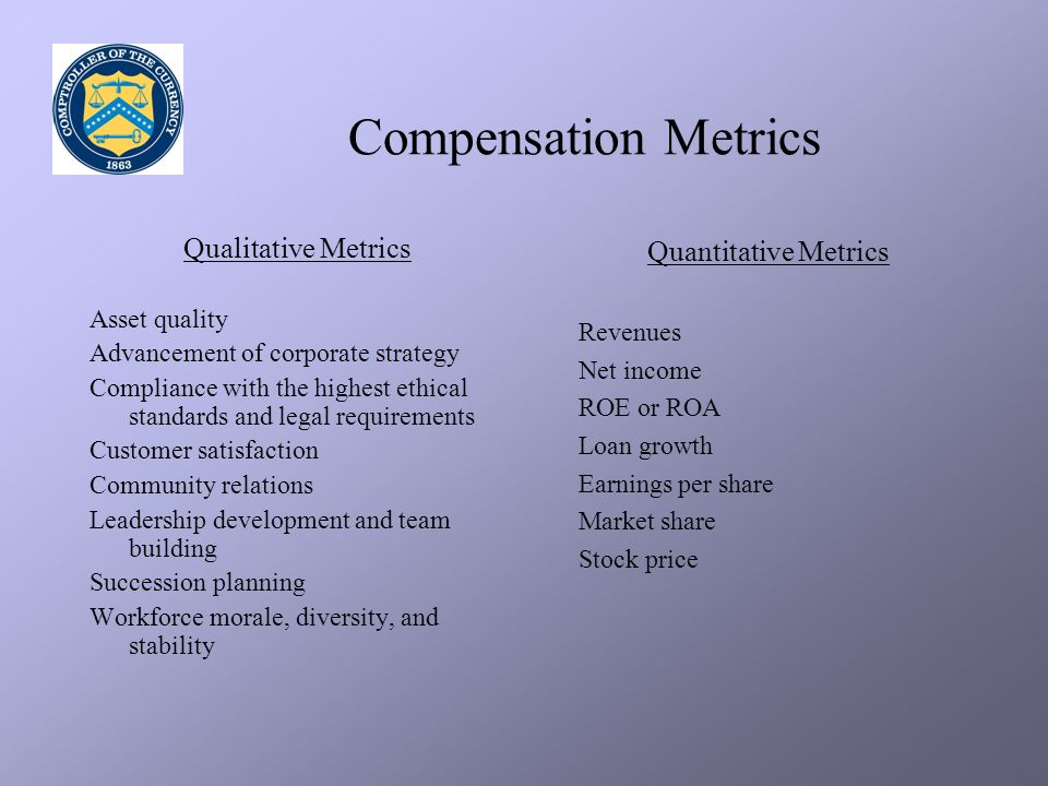 Compensation Metrics Qualitative Metrics Asset quality Advancement of corporate strategy Compliance with the highest ethical standards and legal requirements Customer satisfaction Community relations Leadership development and team building Succession planning Workforce morale, diversity, and stability Quantitative Metrics Revenues Net income ROE or ROA Loan growth Earnings per share Market share Stock price