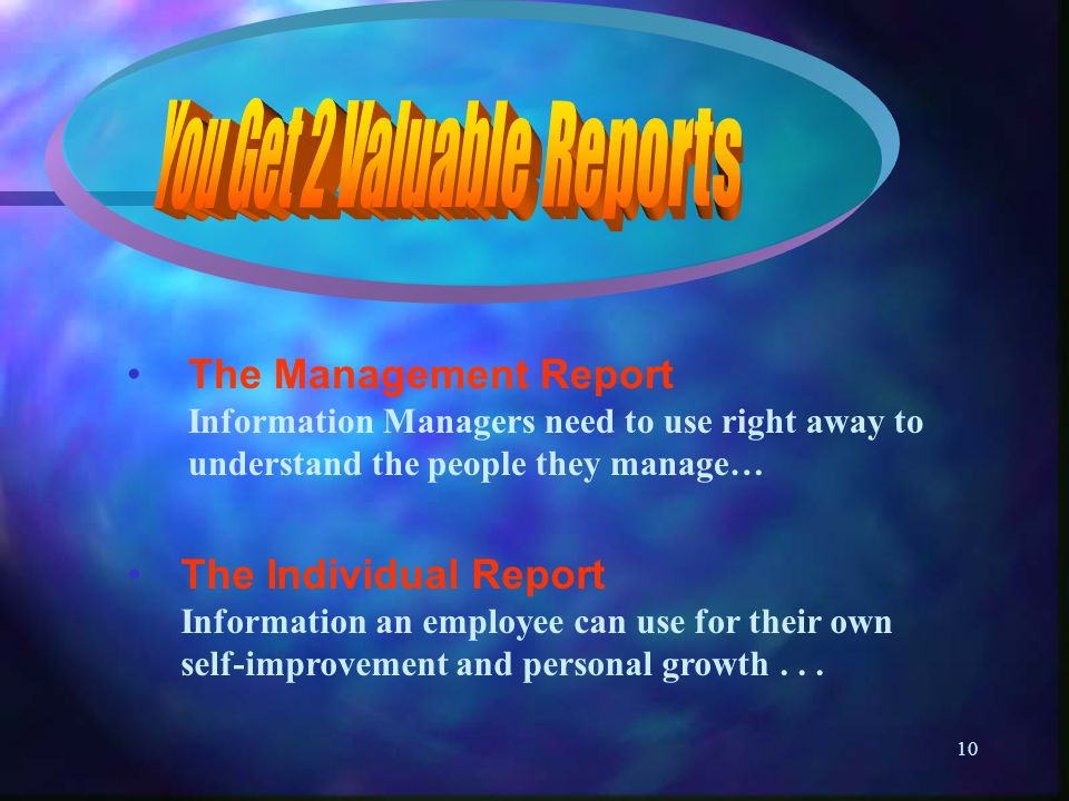 10 The Individual Report Information an employee can use for their own self-improvement and personal growth...