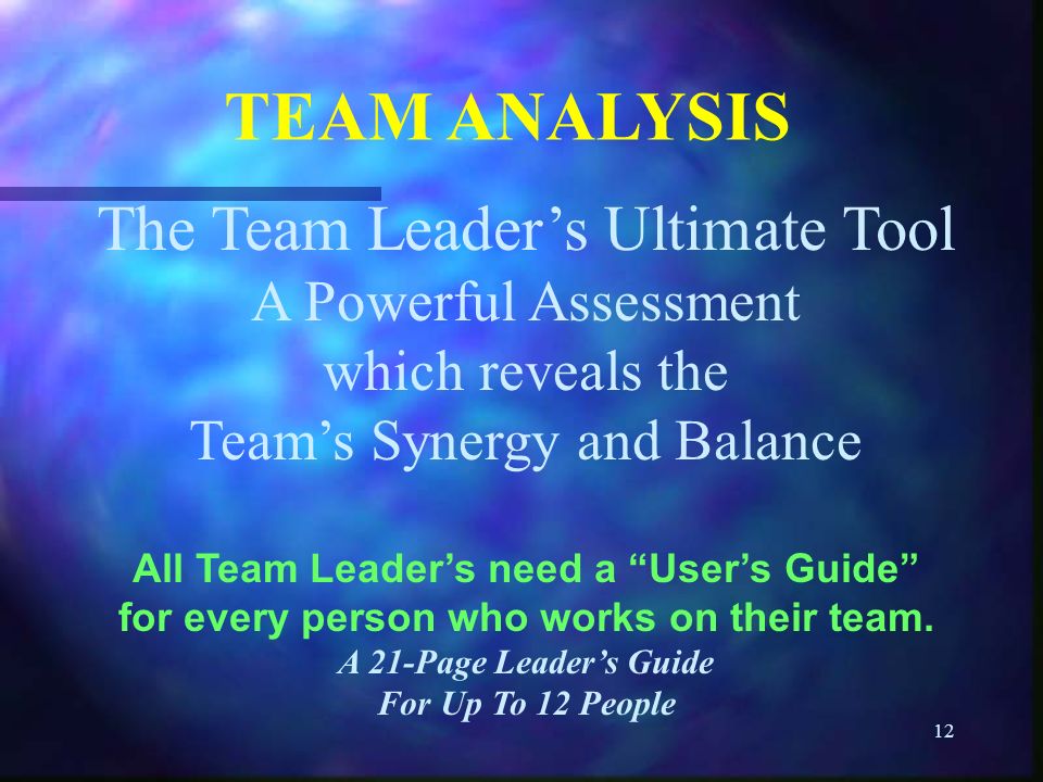 12 TEAM ANALYSIS The Team Leader’s Ultimate Tool A Powerful Assessment which reveals the Team’s Synergy and Balance All Team Leader’s need a User’s Guide for every person who works on their team.