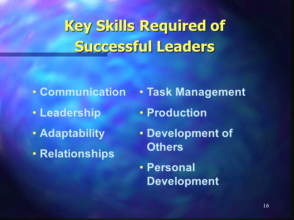 16 Key Skills Required of Successful Leaders Communication Leadership Adaptability Relationships Task Management Production Development of Others Personal Development