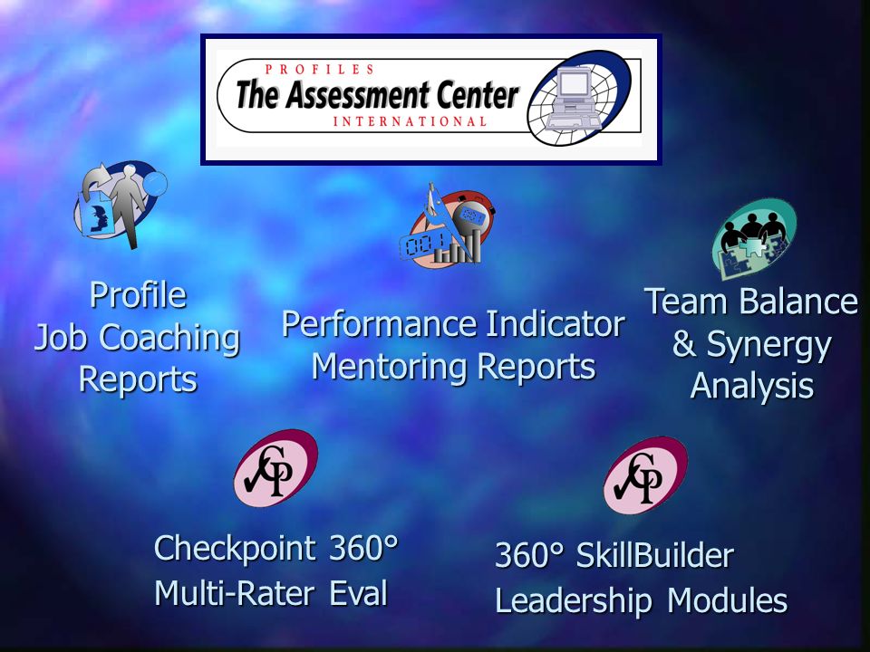 Profile Job Coaching Reports Performance Indicator Mentoring Reports Team Balance & Synergy & SynergyAnalysis Checkpoint 360° Multi-Rater Eval 360° SkillBuilder Leadership Modules