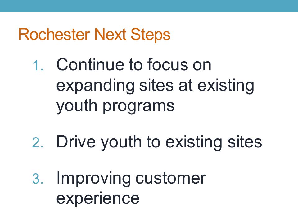 Rochester Next Steps 1. Continue to focus on expanding sites at existing youth programs 2.