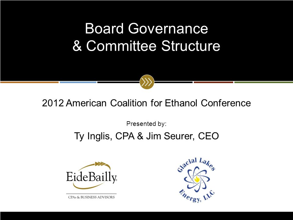 2012 American Coalition for Ethanol Conference Presented by: Ty Inglis, CPA & Jim Seurer, CEO Board Governance & Committee Structure