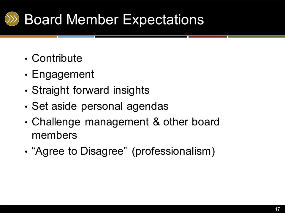 Board Member Expectations Contribute Engagement Straight forward insights Set aside personal agendas Challenge management & other board members Agree to Disagree (professionalism) 17