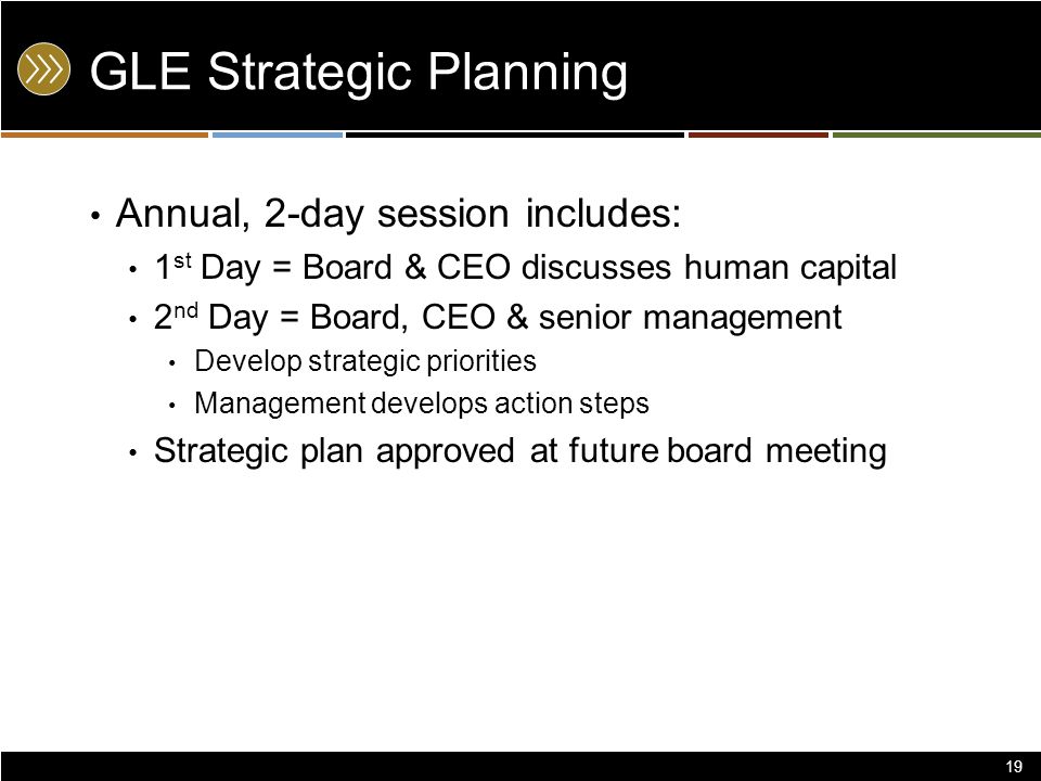 GLE Strategic Planning Annual, 2-day session includes: 1 st Day = Board & CEO discusses human capital 2 nd Day = Board, CEO & senior management Develop strategic priorities Management develops action steps Strategic plan approved at future board meeting 19