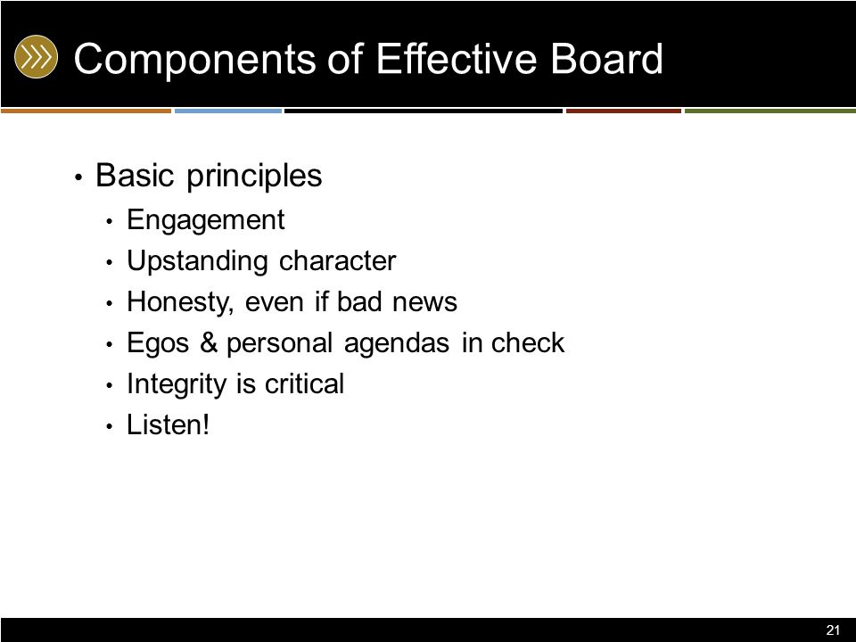 Components of Effective Board Basic principles Engagement Upstanding character Honesty, even if bad news Egos & personal agendas in check Integrity is critical Listen.