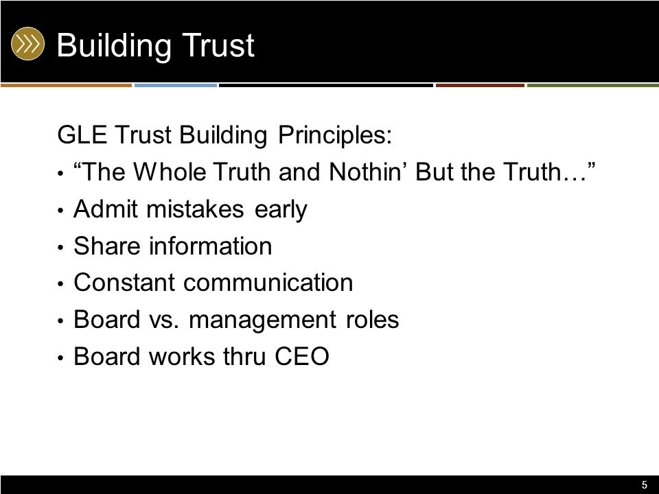 Building Trust GLE Trust Building Principles: The Whole Truth and Nothin’ But the Truth… Admit mistakes early Share information Constant communication Board vs.