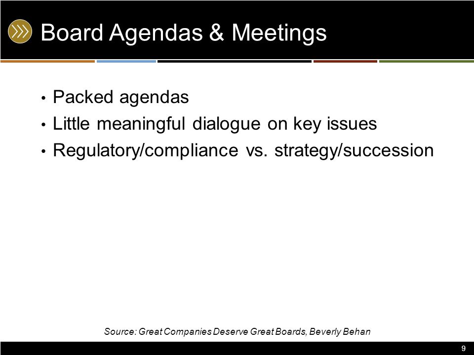 Board Agendas & Meetings Packed agendas Little meaningful dialogue on key issues Regulatory/compliance vs.