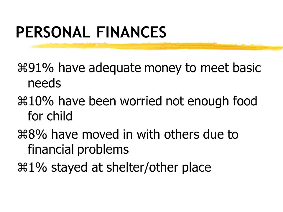 PERSONAL FINANCES z91% have adequate money to meet basic needs z10% have been worried not enough food for child z8% have moved in with others due to financial problems z1% stayed at shelter/other place