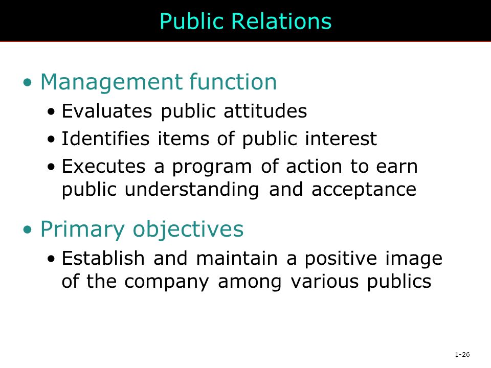 1-26 Public Relations Management function Evaluates public attitudes Identifies items of public interest Executes a program of action to earn public understanding and acceptance Primary objectives Establish and maintain a positive image of the company among various publics