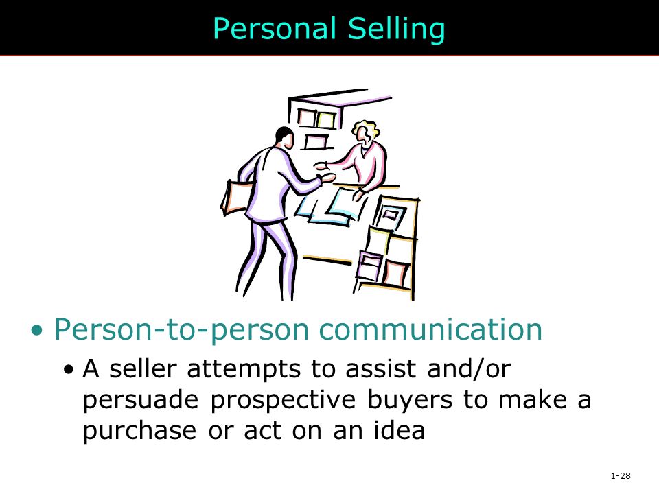 1-28 Personal Selling Person-to-person communication A seller attempts to assist and/or persuade prospective buyers to make a purchase or act on an idea