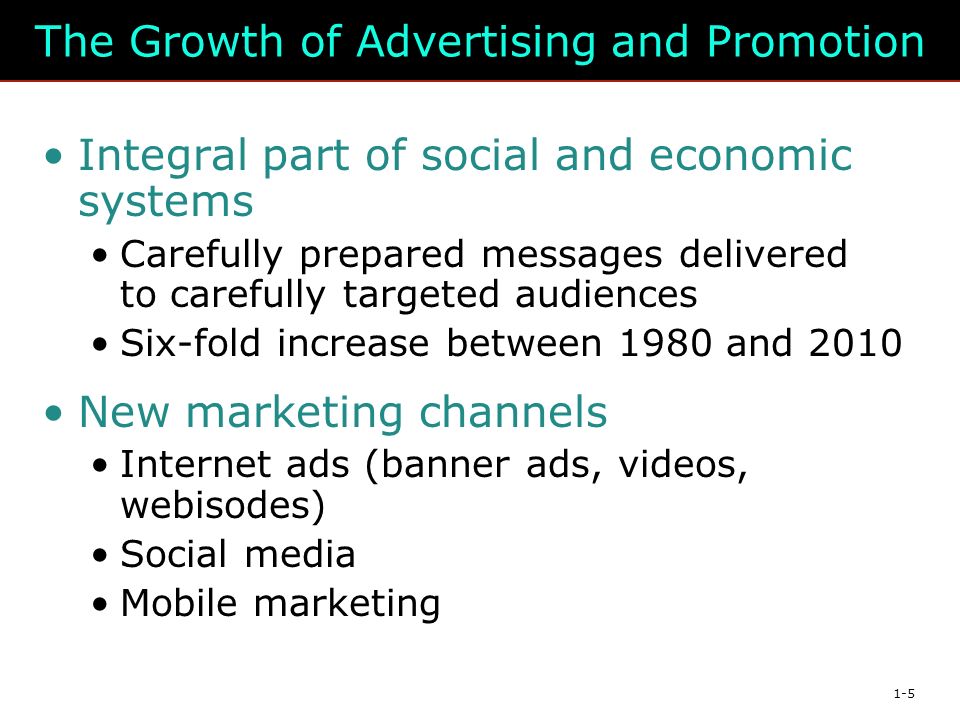 1-5 The Growth of Advertising and Promotion Integral part of social and economic systems Carefully prepared messages delivered to carefully targeted audiences Six-fold increase between 1980 and 2010 New marketing channels Internet ads (banner ads, videos, webisodes) Social media Mobile marketing