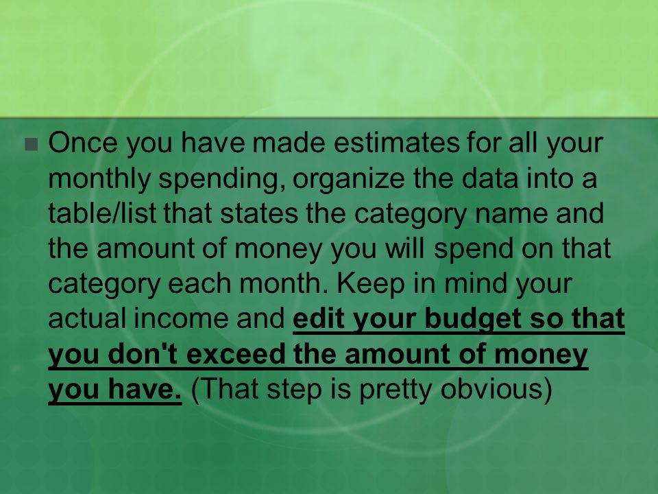 Once you have made estimates for all your monthly spending, organize the data into a table/list that states the category name and the amount of money you will spend on that category each month.
