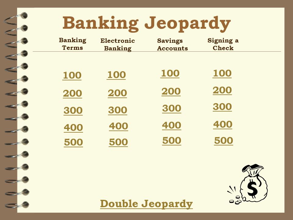 Banking Jeopardy Double Jeopardy Banking Terms Electronic Banking Savings Accounts Signing a Check