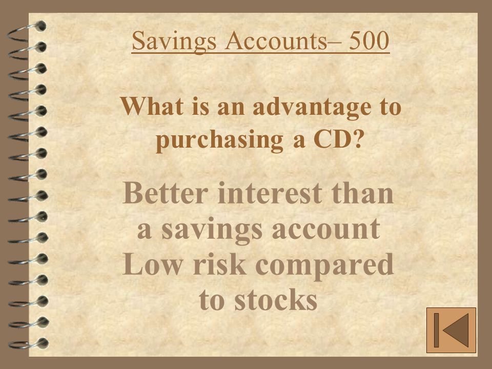 Savings Accounts– 500 What is an advantage to purchasing a CD.