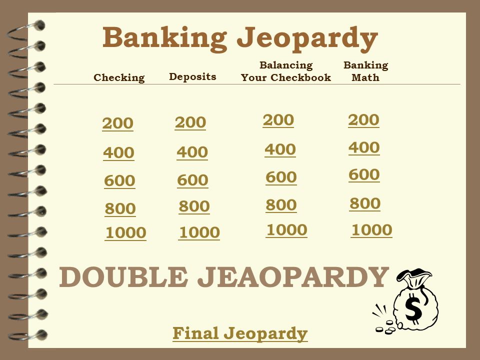 Banking Jeopardy Final Jeopardy Checking Deposits Balancing Your Checkbook Banking Math DOUBLE JEAOPARDY