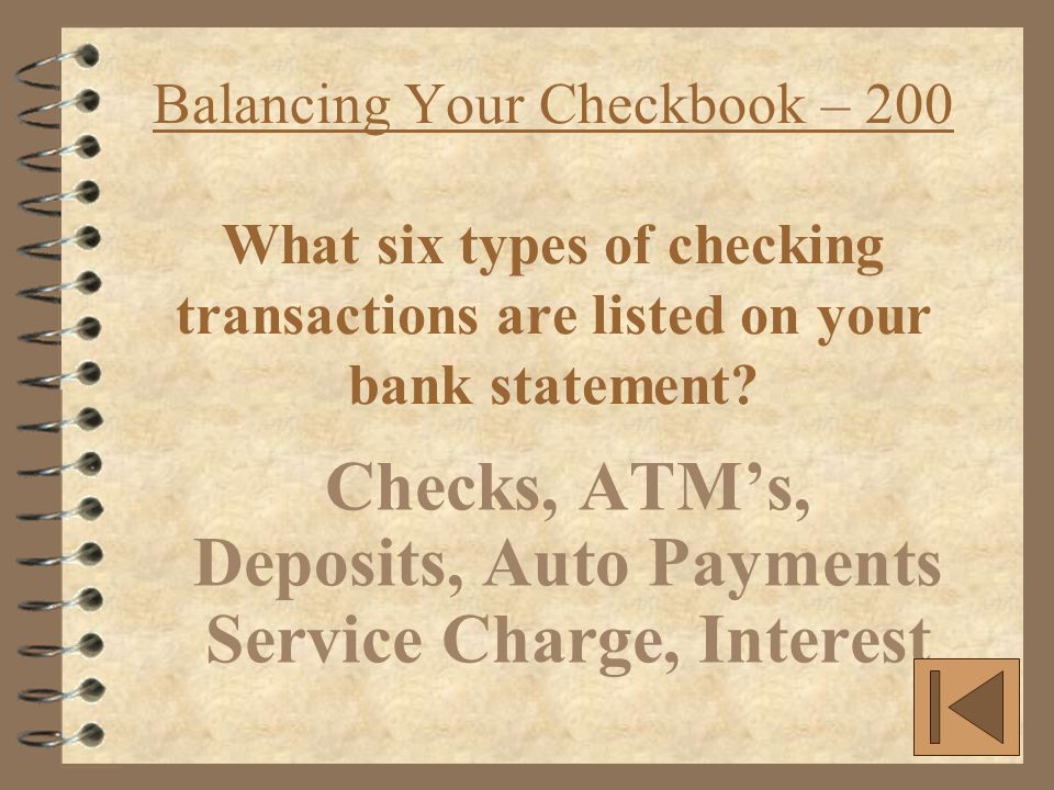 Balancing Your Checkbook – 200 What six types of checking transactions are listed on your bank statement.