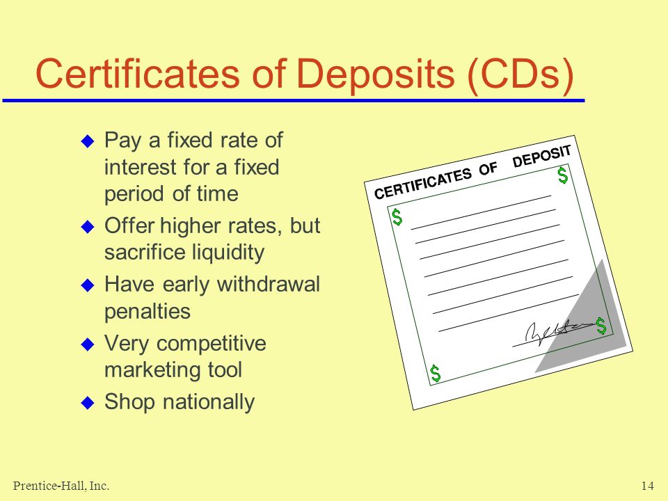 Prentice-Hall, Inc.14 Certificates of Deposits (CDs)  Pay a fixed rate of interest for a fixed period of time  Offer higher rates, but sacrifice liquidity  Have early withdrawal penalties  Very competitive marketing tool  Shop nationally