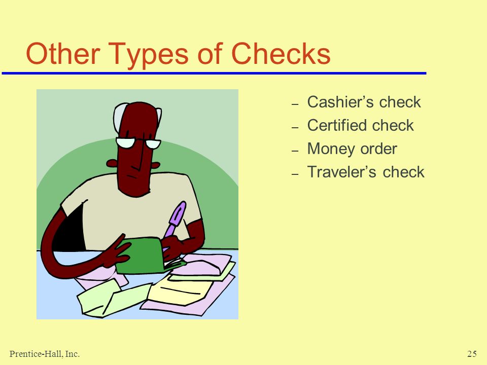 Prentice-Hall, Inc.25 Other Types of Checks – Cashier’s check – Certified check – Money order – Traveler’s check