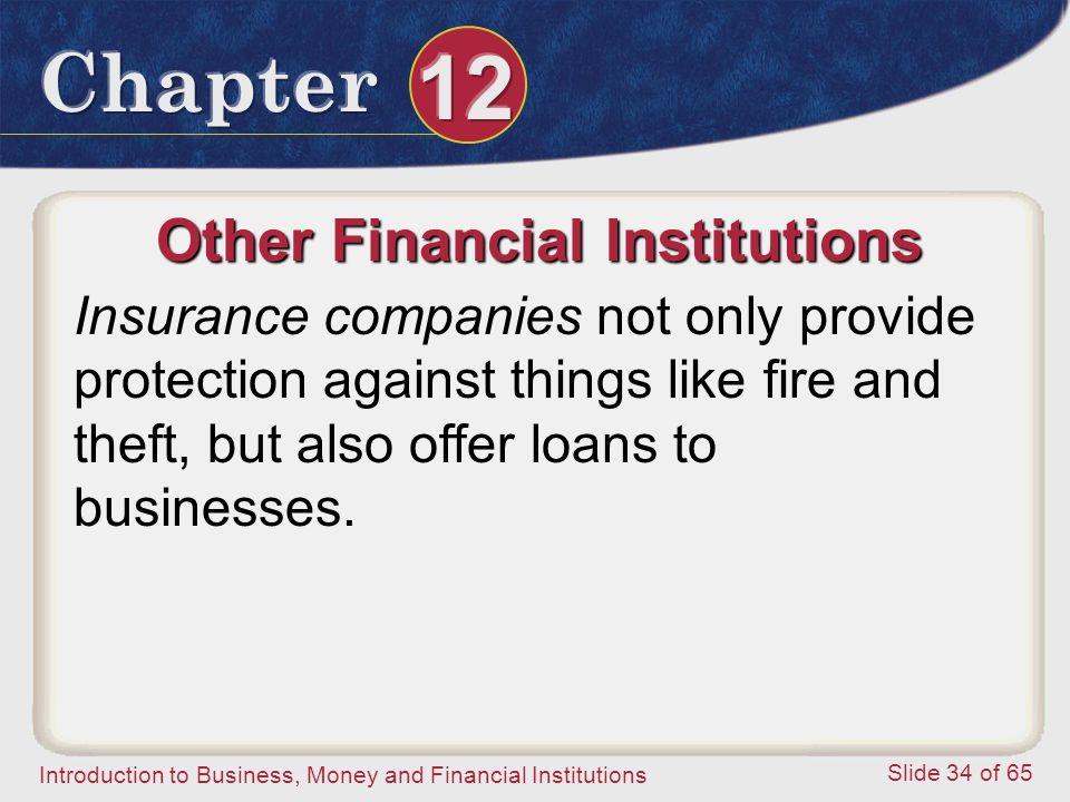 Introduction to Business, Money and Financial Institutions Slide 34 of 65 Other Financial Institutions Insurance companies not only provide protection against things like fire and theft, but also offer loans to businesses.