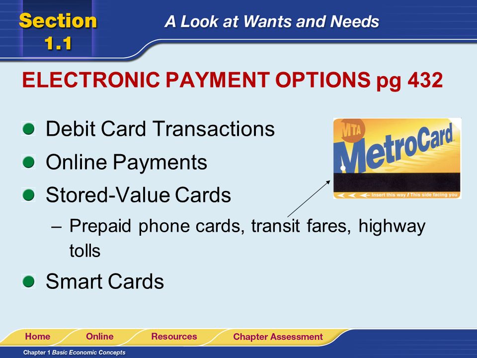 E-Banking Services: (cont’d) In a point-of-sale transaction, a merchant accepts a debit card to pay for purchases.