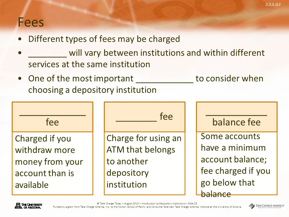 2.2.1.G2 © Take Charge Today – August 2013 – Introduction to Depository Institutions – Slide 23 Funded by a grant from Take Charge America, Inc.